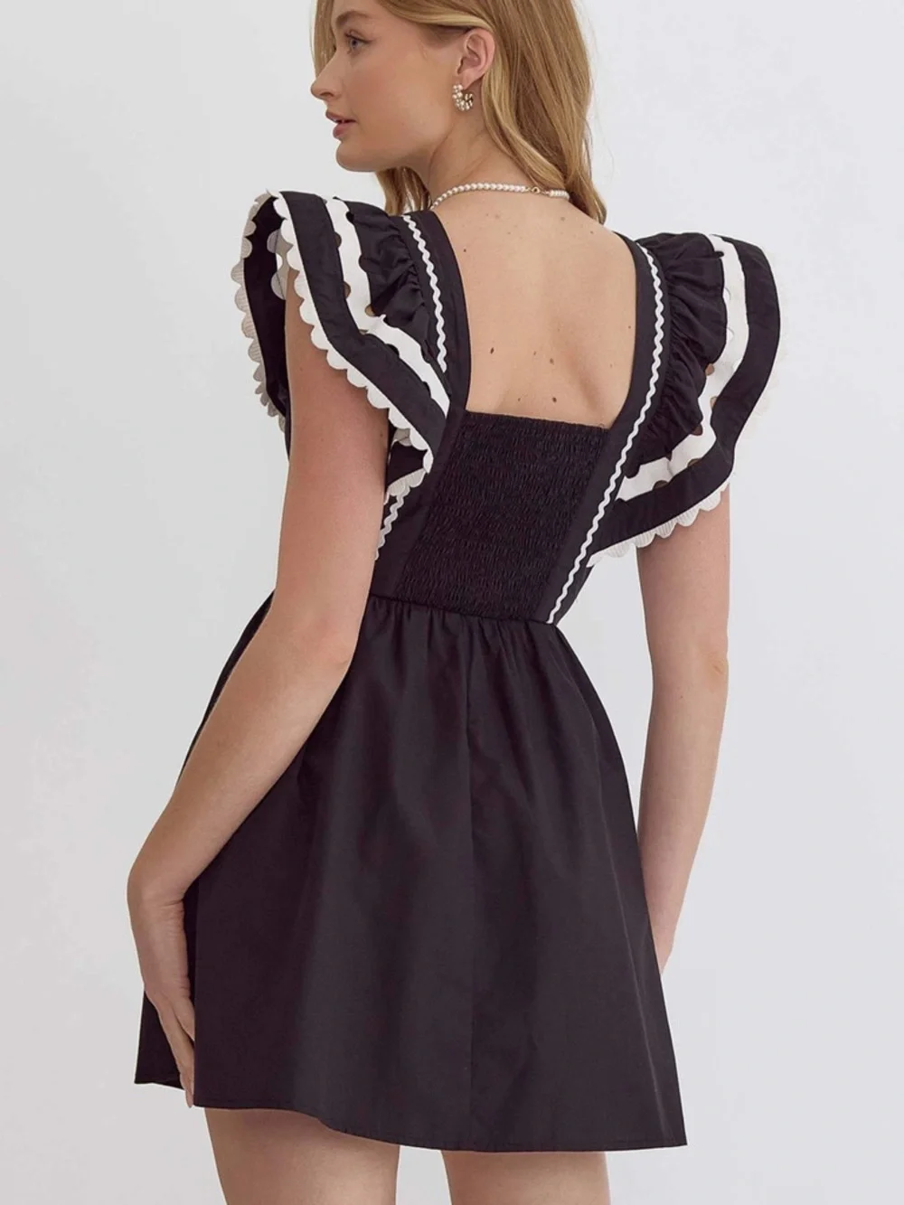 ENTRO Ric Rac Ruffle Mini Dress Black White Size Large NWT - Picture 6 of 15